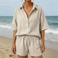 thumbnail image 3 of Pounoo Women's Two Piece Set Henley Neck Short Sleeve Shirt and Drawstring Shorts Casual Loose Fit Outfit for Summer and Daily Wear Gift, 3 of 9
