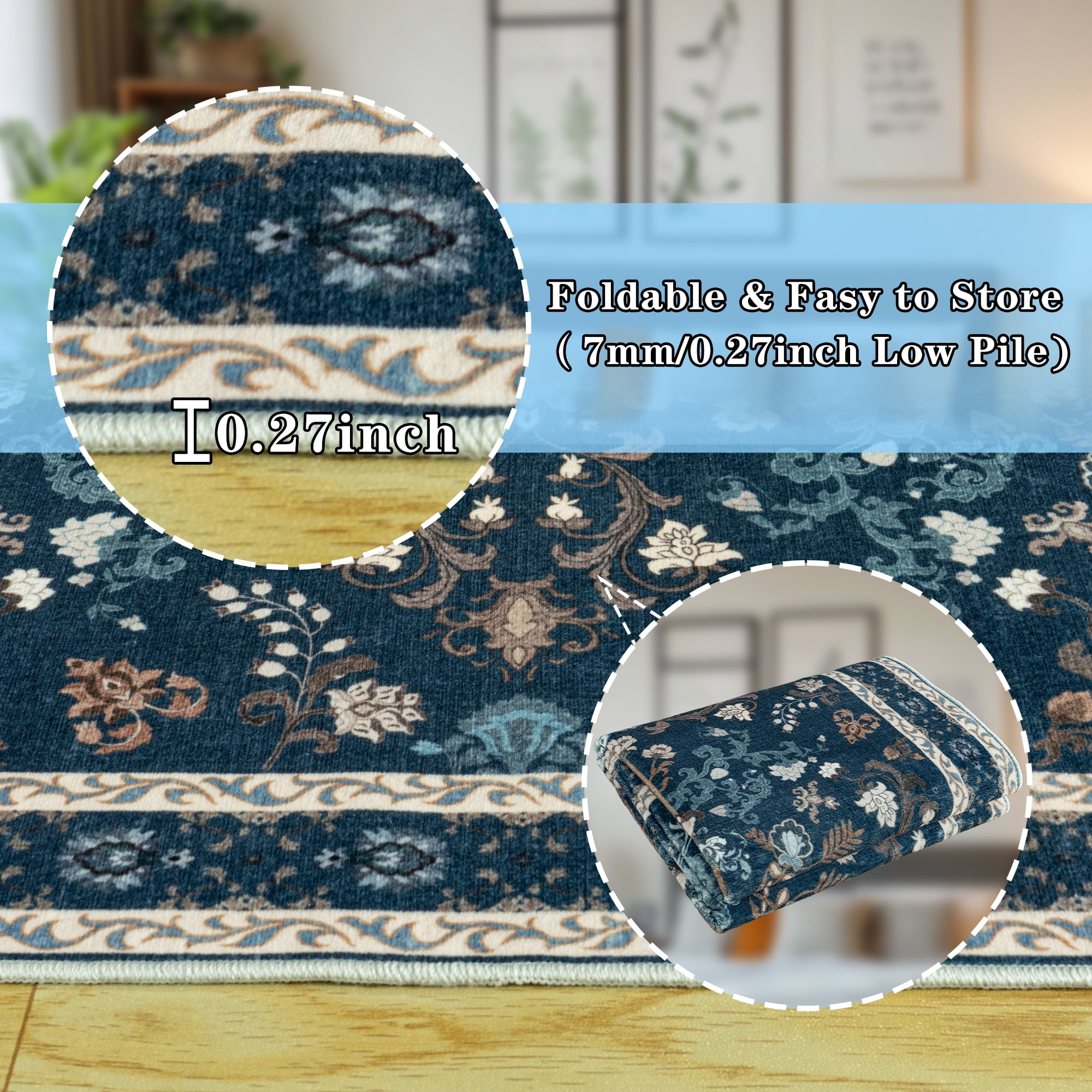 ZENELESS Washable Area Rug,4x6 Non-Slip Foldable Ultra-Thin Soft Carpet for Living Room Bedroom Bathroom Kitchen Entryway Office,Dark Blue