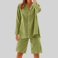 thumbnail image 5 of Fmbrln Womens Plus Size Summer 2 Piece Sets Casual V Neck Button Long Sleeeve Shirts Blouse and Drawstring Elastic Waist Shorts Sets Lounge Outfits Mint Green 5XL, 5 of 5