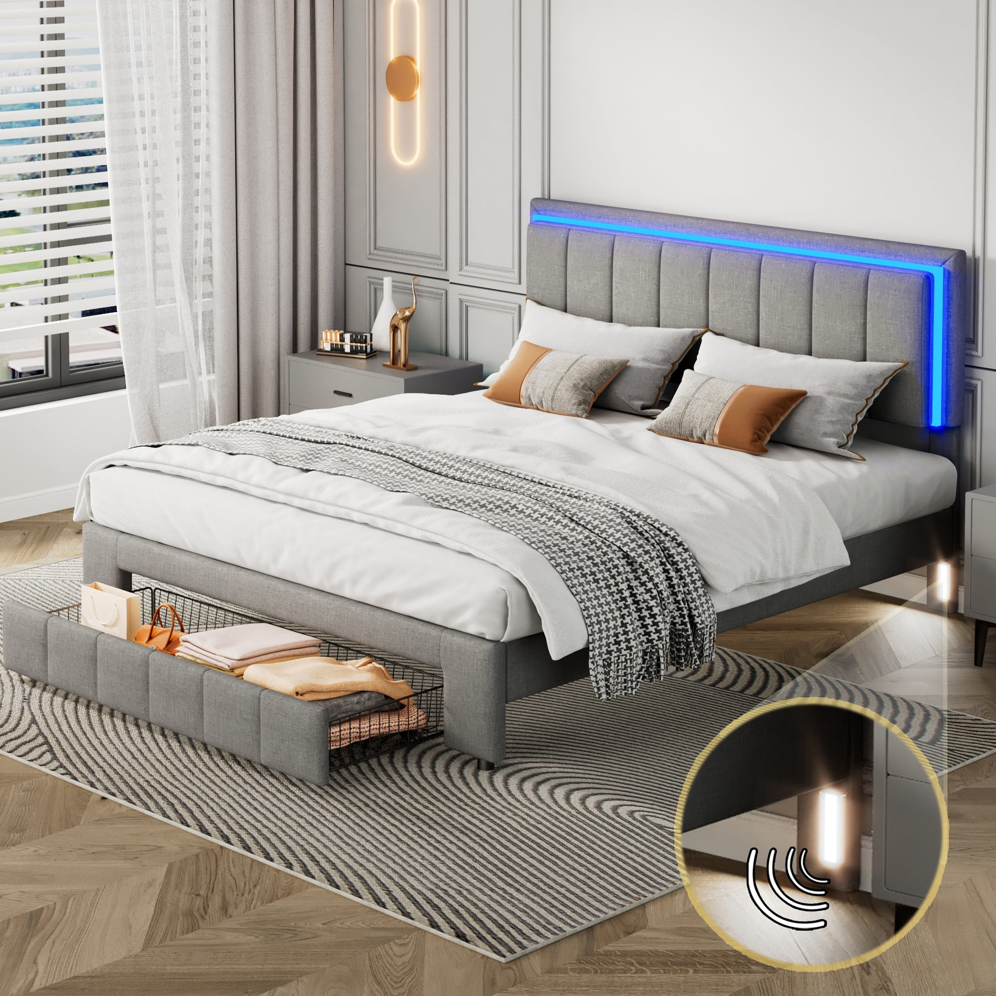 HSUNNS Upholstered Queen Platform Bed Frame with LED Lights Headboard