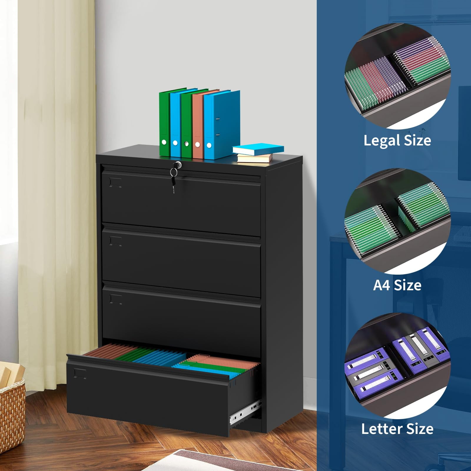 BouPower File Cabinet 4 Drawer,Filing Cabinet with Lock,Metal File Cabinets for Home Office, Office Cabinet for Hanging Files Letter/Legal/F4/A4