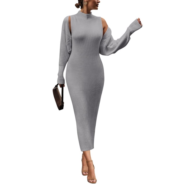 Conjunto de Mujer PRETTYGARDEN 2 Piezas Vestido de Punto y Cárdigan Gris M