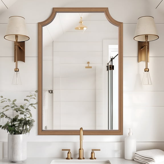 WallBeyond Wood Frame Farmhouse Arch Wall Mirror for Bathroom Entryway Living Room or Bedroom Home Decor, 24" × 36", Natural Wood