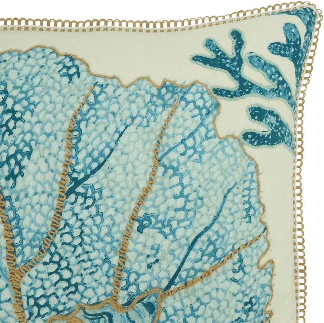 Fennco Styles Sea Fan Coral Cotton Decorative Throw Pillow Cover 20" W x 20" L – Aqua Nautical Sea Creatures Cushion Case for Couch, Sofa, Bedroom, Office and Living Room Décor