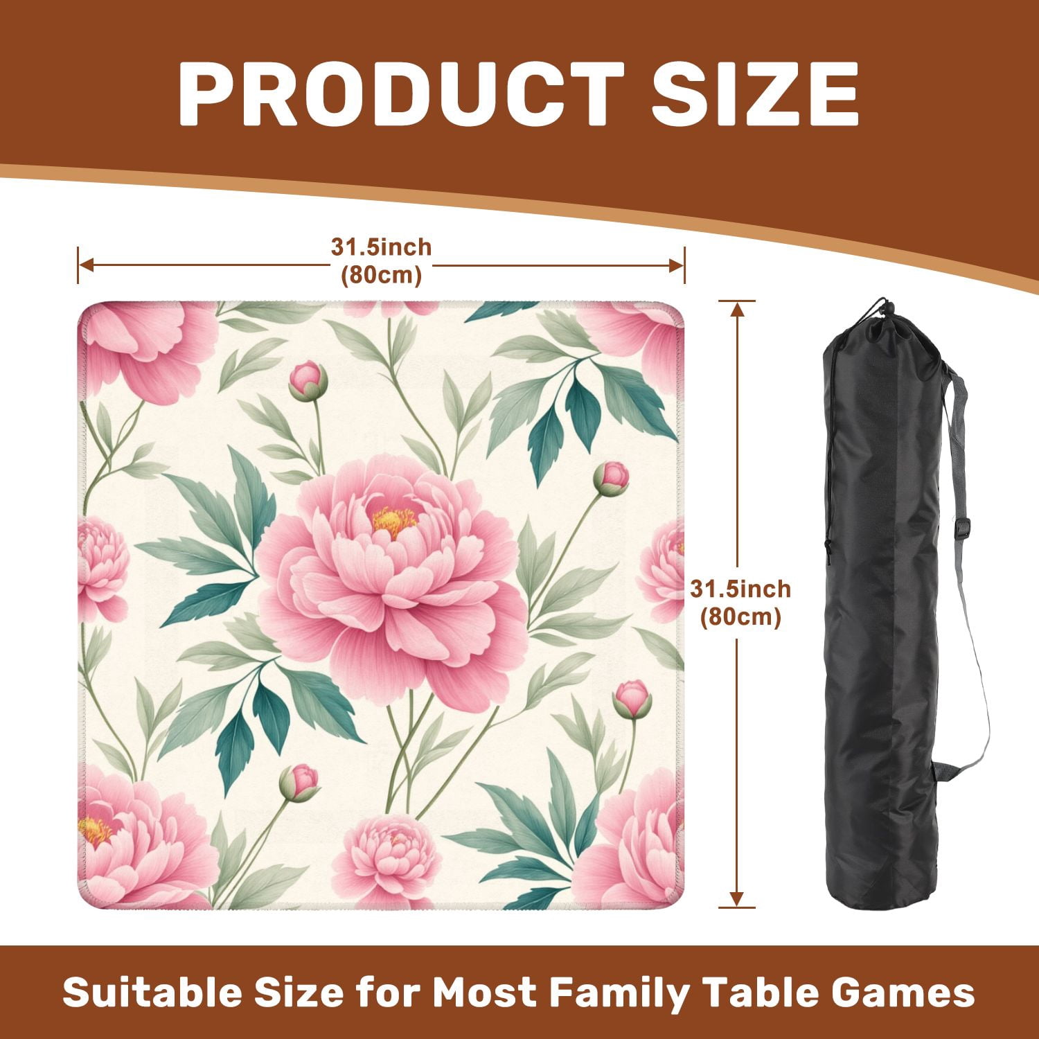 Mahjong Mat 31.5" x 31.5" Seamless Pink Peony Floral Green Leaves Light Non-Slip Noise Reduction American Mahjong Tiles Table Cover for Dominoes Poker Card Board Games Gift