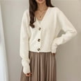thumbnail image 2 of Fiaer Women's Cropped Sweaters Long Sleeve Button down V Neck Fashion Solid Warm Loose Fit Tops Beige One Size, 2 of 4