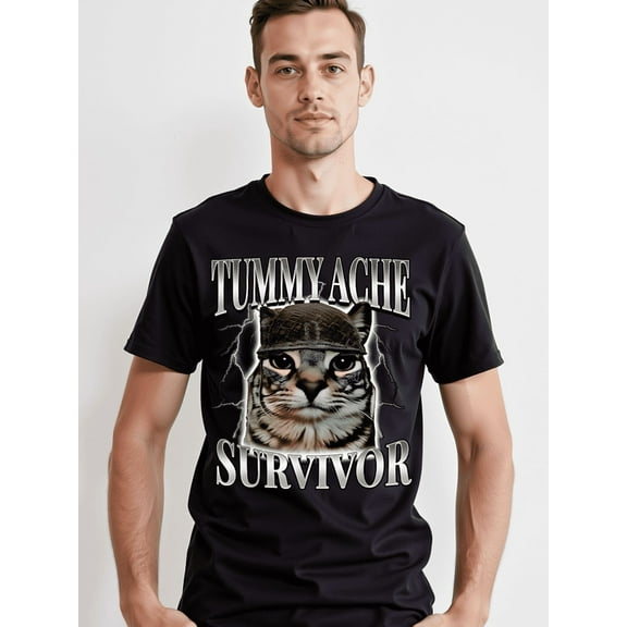Funny Tummy Ache Survivor Cat Meme Saying Cats Animal T-Shirt Unisex Adults Men Women Crew Neck Short Sleeve Tees Black