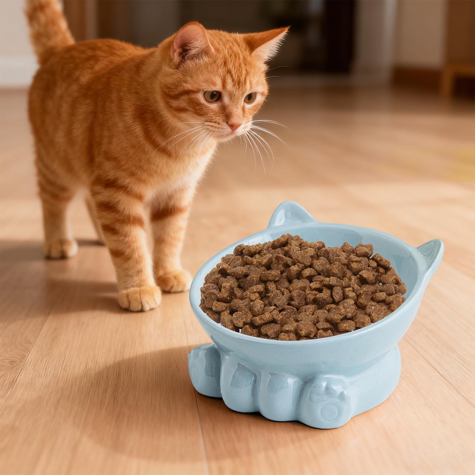 Cute Anti-Choke Cat Bowl with Cervical Spine Protection, Non-Spill and Non-Tip Design, Prevents Black Chin, Ceramic Material