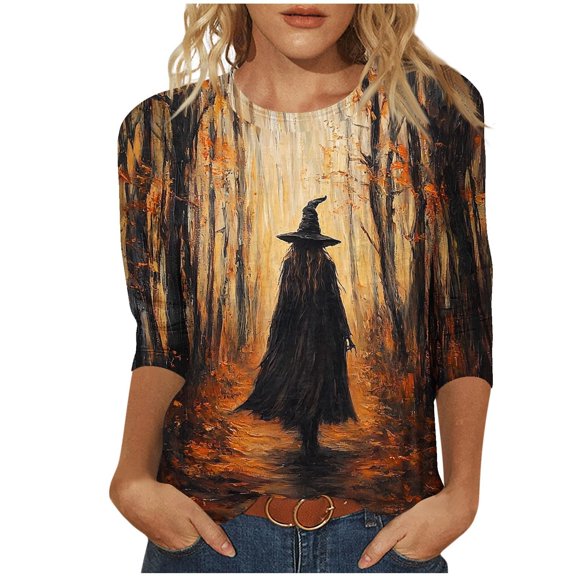 Yuncity Womens Graphic T Shirts Halloween 3/4 Sleeve Witch Graphic Tees Summer Fall Crew Neck Casual Stylish Outdoor Athletic Tops Size L