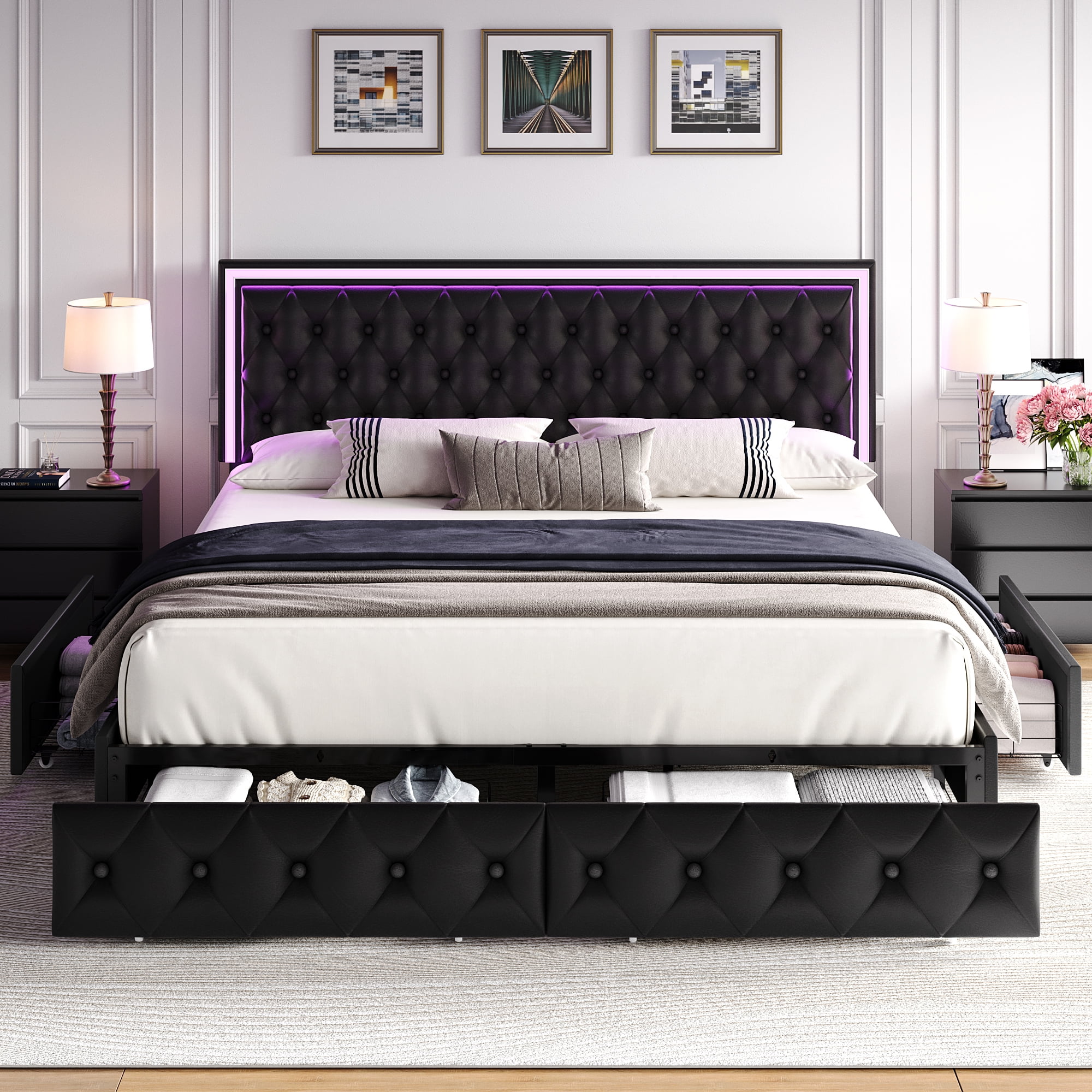 Homfa Queen LED Bed with 4 Drawers, LED Lights Platform Storage Bed Frame with Upholstered Adjustable Button Tufted Headboard, PU Black