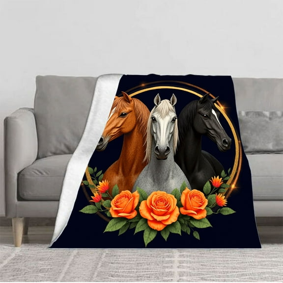 Cozy Flannel Blanket with Elegant Horse Design: Chestnut White and Black Horses Framed by Golden Border & Orange Roses - Perfect for Sofa Travel Bed