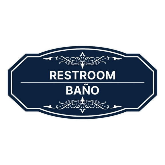 Signs ByLITA Victorian Restroom/Baño Bilingual Sign (Navy Blue / White) - Large