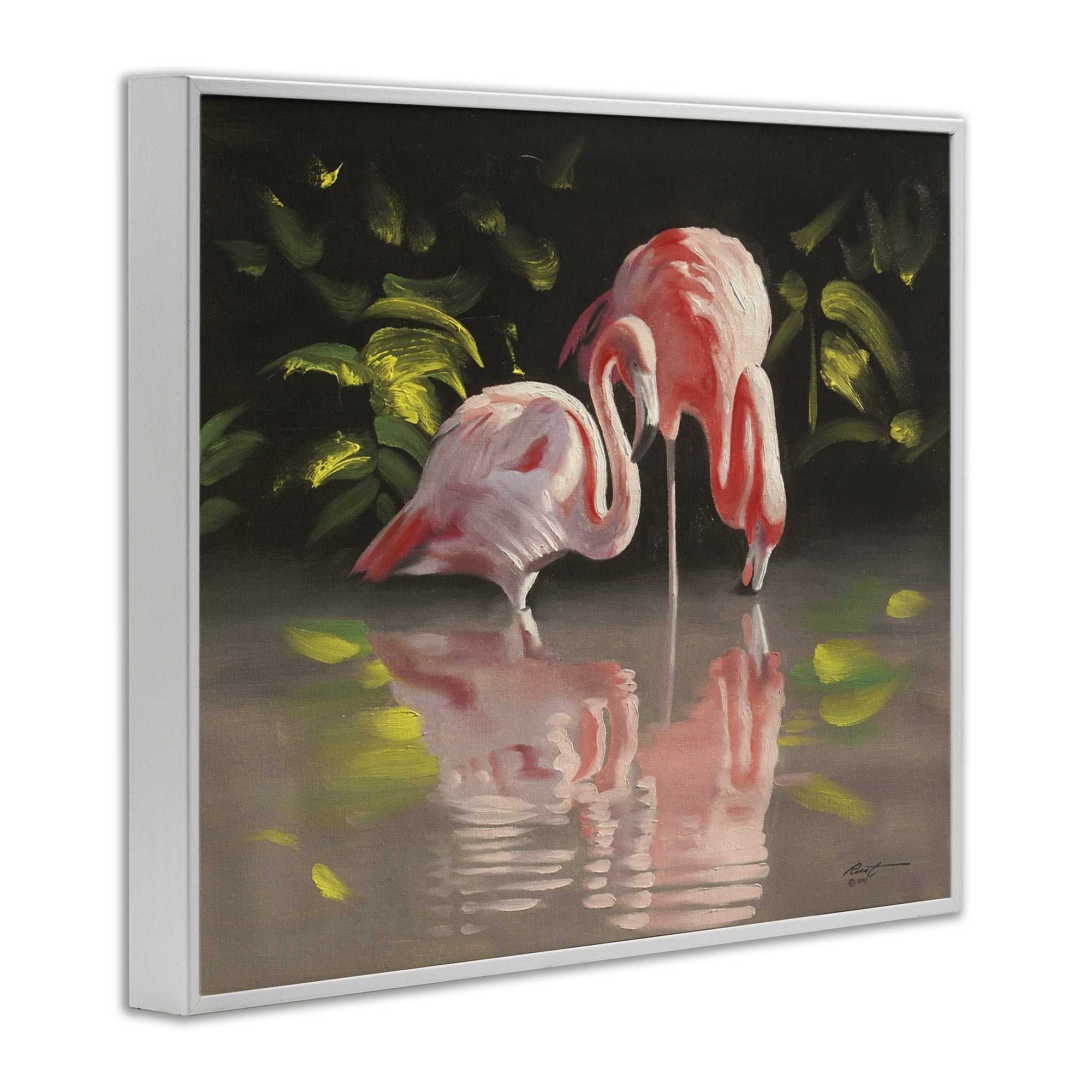 Stupell Industries Flamingos with Pond Reflection Animals & Insects Painting White Framed Art Print Wall Art, 14 x 11