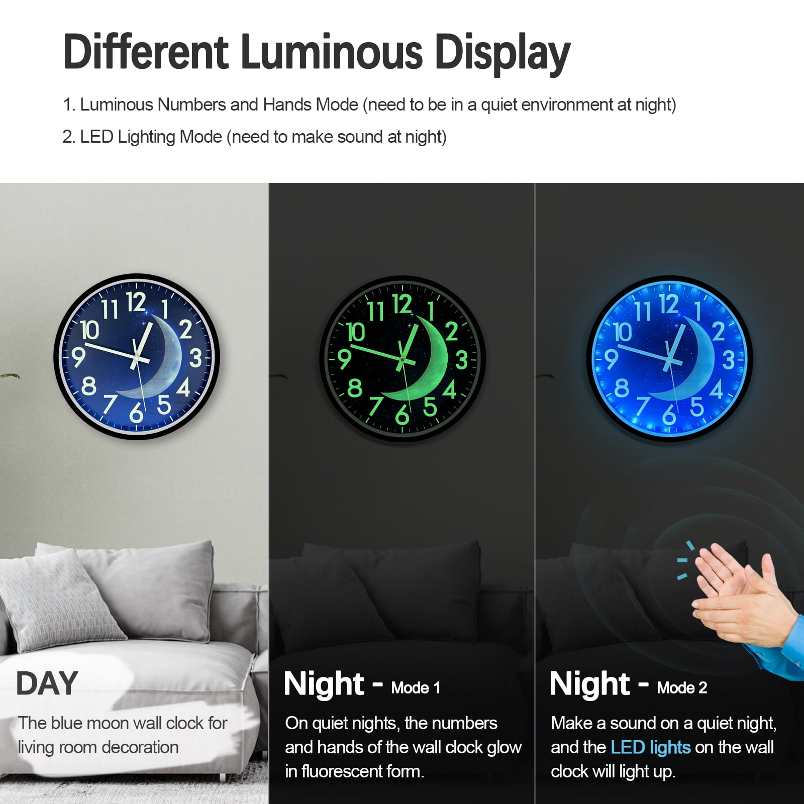 JoFomp LED Wall Clock with Luminous Moon & Starry Sky | Smart Sensor | Glowing Numbers | Home Decor for Bedroom, Office(Blue Light)