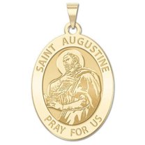 Saint Augustine of Hippo Oval Religious Medal - 1/2 X 2/3 Inch Size of Dime, Solid 14K Yellow Gold