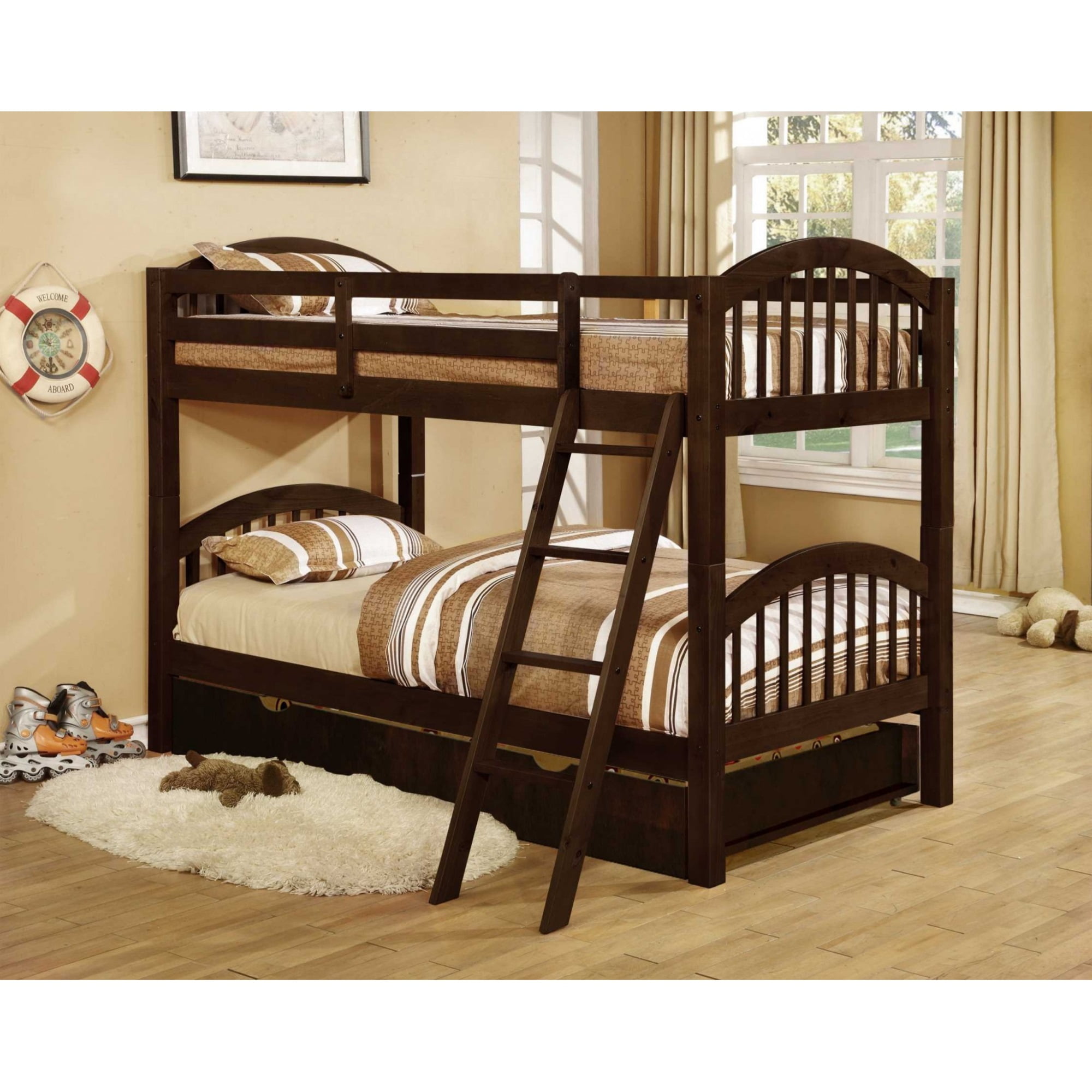 81'.25" X 42'.5" X 62'.5" Brown Solid and Manufactured Wood Twin/Twin Arched Wood Bunk Bed with