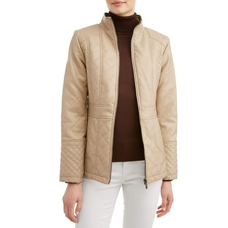 Couture Leather Jackets - Women's Faux Leather Diamond Quilted Zip-Front Jacket