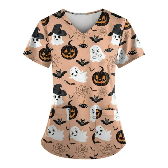 LHVUOA Halloween Scrubs Tops for Women Cute Halloween Print Short Sleeve V Neck Blouses T-Shirts Casual Caregiver T Shirts