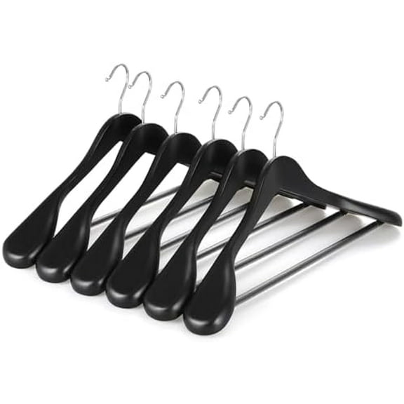 Wide Shoulder Wooden Hangers, Suit Hangers with Non Slip Pants Bar & 360° Swivel Hook, Solid Wood Heavy Duty Coat Hanger, 6 Pack (Matte Black)-CT02B