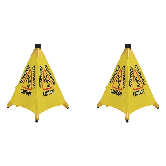 2X Caution Wet Floor Sign, Slippery When Wet Pops Up Sign, Wall Mounted Foldable Bilingual Warning Alert Cone