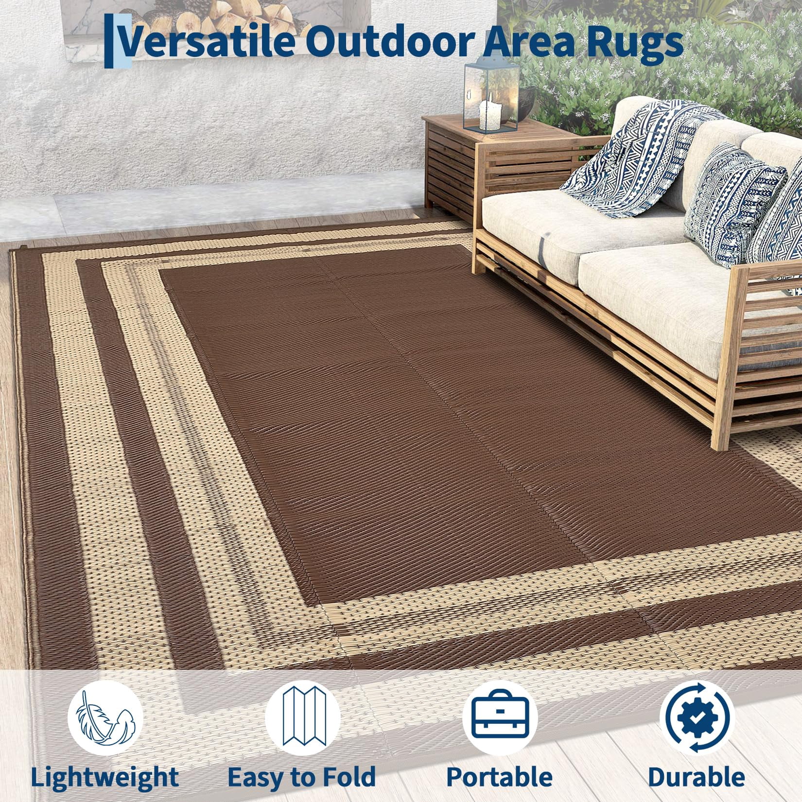 Outdoor Plastic Straw Rug 8x10 Reversible Patio Rug Outdoor Rugs Waterproof Camping Rugs Portable Outside Floor Mat for RV Porch Balcony Patio Camping Picnic Beach Coffee/Beige Panel