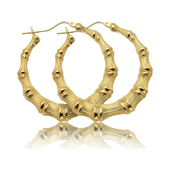 LoveBling 10k Yellow Gold Bamboo Hoop Earrings (1.40")