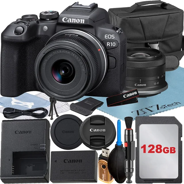 Canon EOS R10 Mirrorless Camera with RF-S 18-45mm Lens + 128GB Memory Card + Case + ZeeTech Accessory Bundle