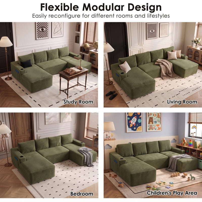 Anpport 133" Boneless Cloud Modular Sectional Couch, Corduroy Sofa with Cup Holders, Side Pockets, Deep Seat, No Assembly Required for Living Room, Green (U‑Shaped)
