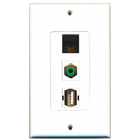 RiteAV - 1 Port RCA Green and 1 Port USB A-A and 1 Port Cat6 Ethernet Black Decorative Wall Plate Decorative
