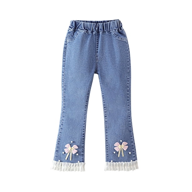 Odeerbi 4-14 Años Niñas Vaqueros Flamed Lace Trim Bow Denim Pantalones Casual Loose Cowboy Pantalones de Piernas Anchas