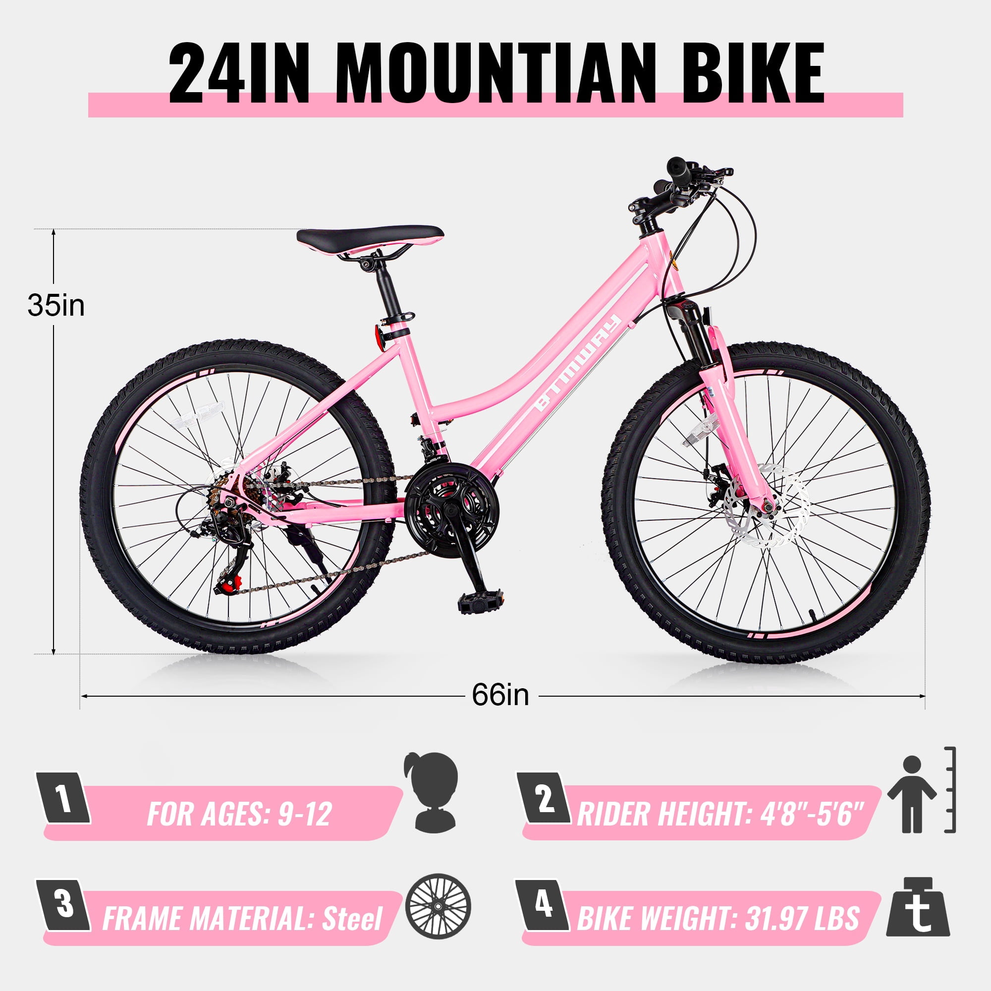 iYofe 24 inch Kids Mountain Bikes, 21 Speed Kids Bicycles with Dual Disc Brake, Mountain Bike w/Front Spring Shock/Adjustable Seat Height, Kids Bike for Girls Teens Ages 9-14 Years Old, Pink