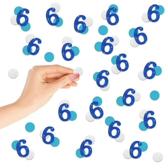 120Pcs Number 6 Confetti, Blue Glitter 6th Birthday Paper Confetti, Silver Circle Cut Out for Birthday, 6th Anniversary Party Decoration
