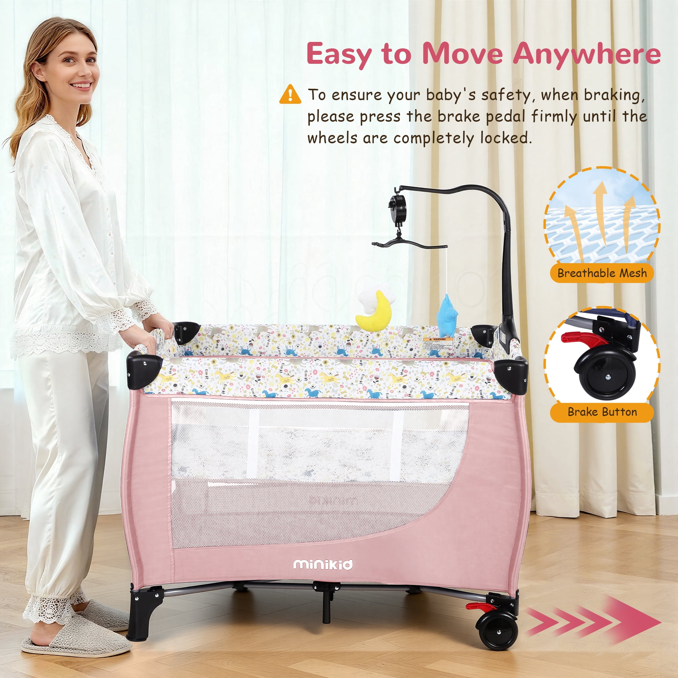 Minikid Baby Playard with Bassinet,Unisex Playpen Include Music Box and Hanging Toys,Portable Crib for Newborn to Toddlers,Pink