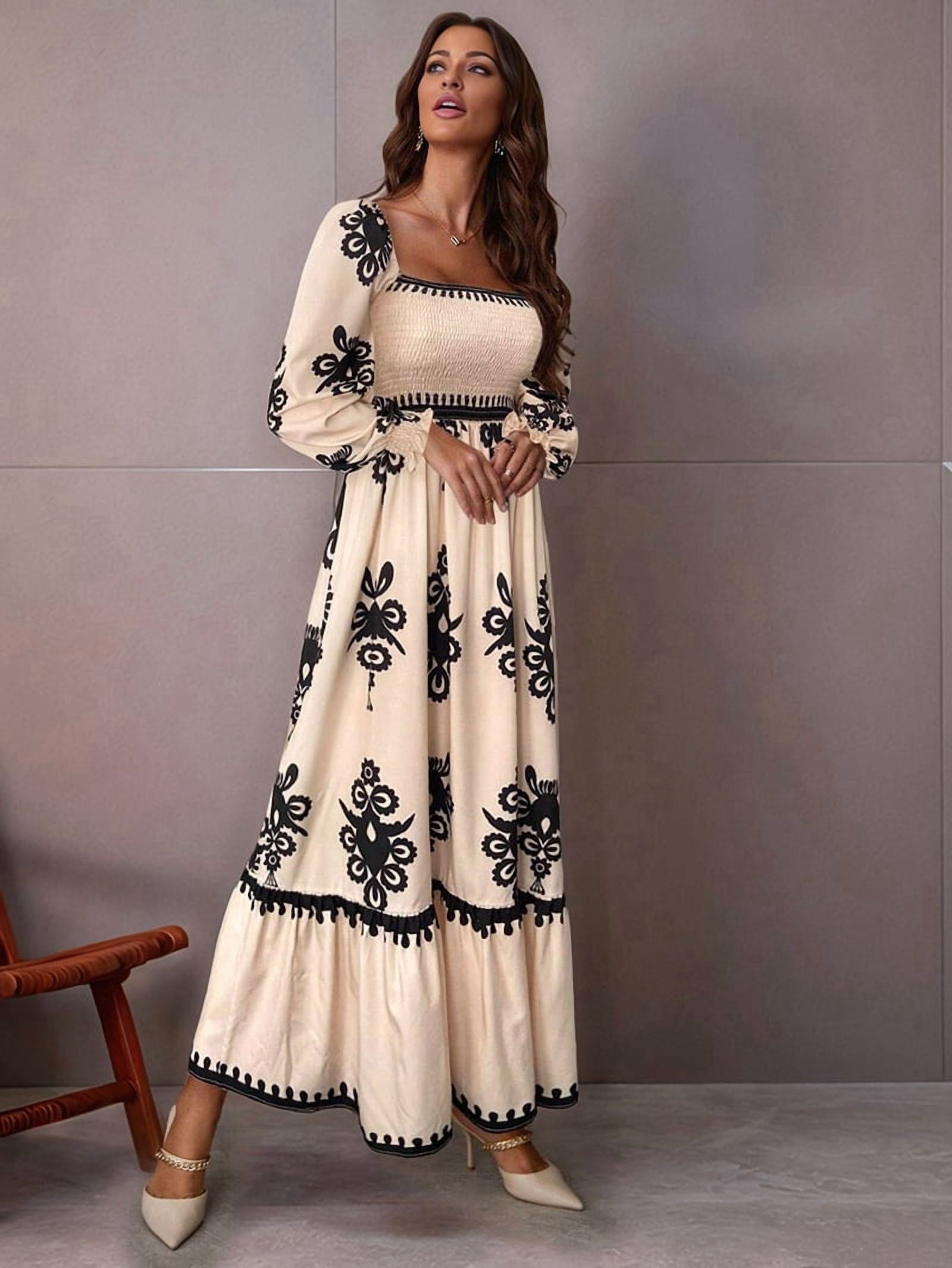 Women'S Autumn Wedding Guest Dress Bohemian Floral Long Sleeve V-Neck Flowing Elegant Maxi Dress Beachwear S