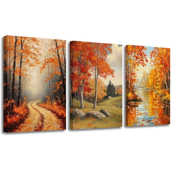 Autumn Picture Wall Art 3 Pieces Fall Forest Canvas Prints Maple Leaves Tree Painting Forest Path with Mountains Scenery Poster Home Decor Framed (Yellow, 12x16inchx3 Pieces)