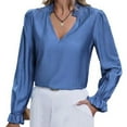 thumbnail image 5 of Womens Casual Long Sleeve Shirts Elegant Tops Work Blouses Ruffle Sleeves Pleated Tshirts Smocked Trim V Neck Blouse Solid Dressy Business Office Clothes Fashion Outfits, 5 of 8