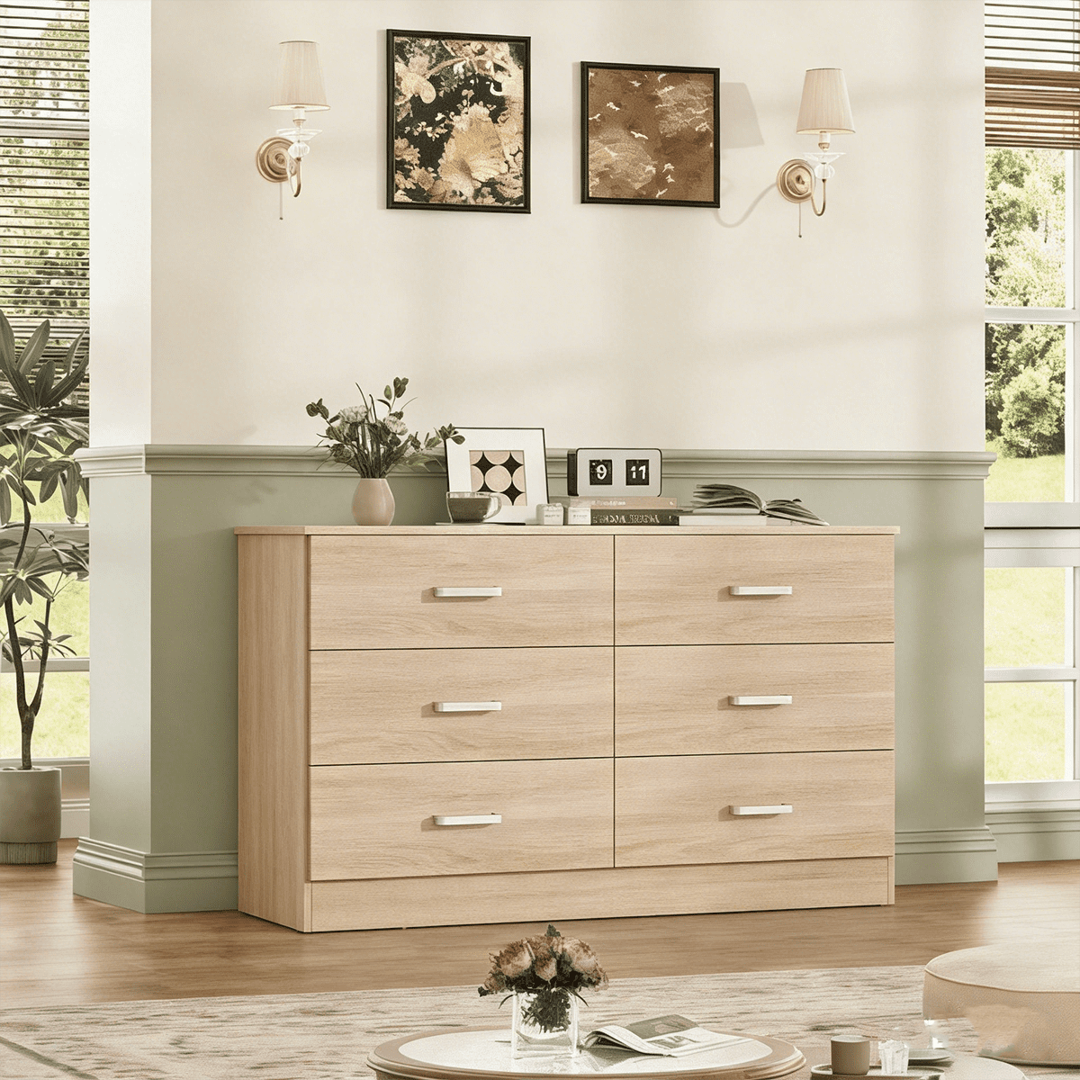 Winkalon Oak Dresser for Bedroom, 6 Drawer Dresser Chest of Drawers, Wood Dressers for Closet, Wide Modern Dressers for Living Room, Hallway, Entryway, TV Stand, Oak
