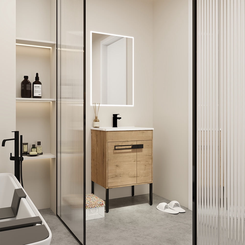 24" Bathroom Vanity with Sink Combo Bathroom Vanity Ceramic Single Basin Set with Doors Adjustable Shelves for Bathroom, Oak 24"