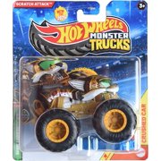 2025 Hot Wheels Monster Trucks Scratch Attack, Beast Bashers, Diecast Vehicle with Crushed Car, 1/5