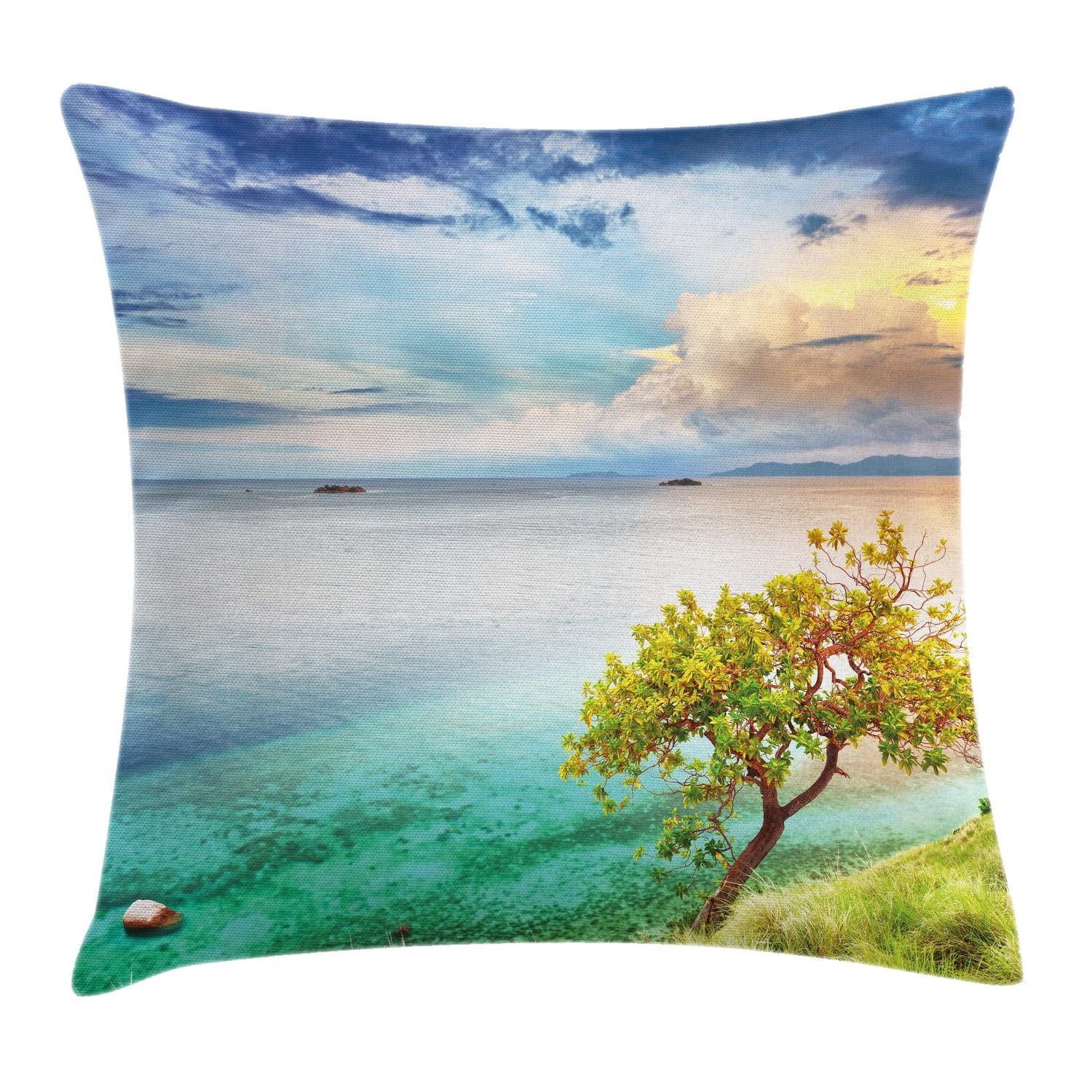 Scenery Throw Pillow Cushion Cover Sea Wiev Landscape Sunset Dawn Beach Abandoned Island Art Print Image Decorative Square Accent Pillow Case 20 X 20 Inches Aqua Turquoise And Green By Ambesonne