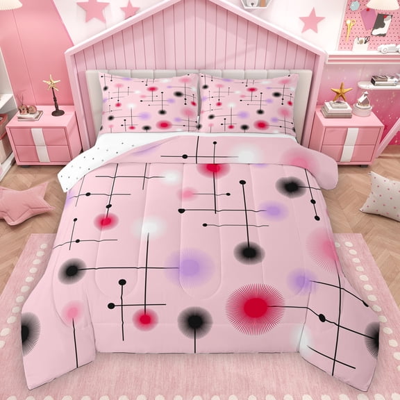 Homewish Teens Modern Minimalism Bedding Comforter Set, Memphis Abstract Artwork Twin Comforter Sets, Kawaii Pink Cartoon Reversible Bedding Set, Lightweight Room Decor, 2pcs