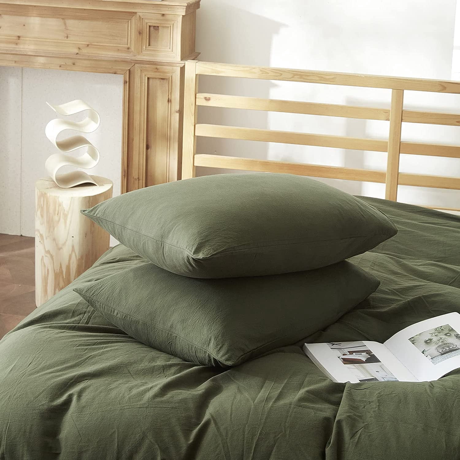 Army Green Washed Cotton Duvet Cover Set Cotton Like Textured Breathable Lightweight Bedding Set,Queen Size