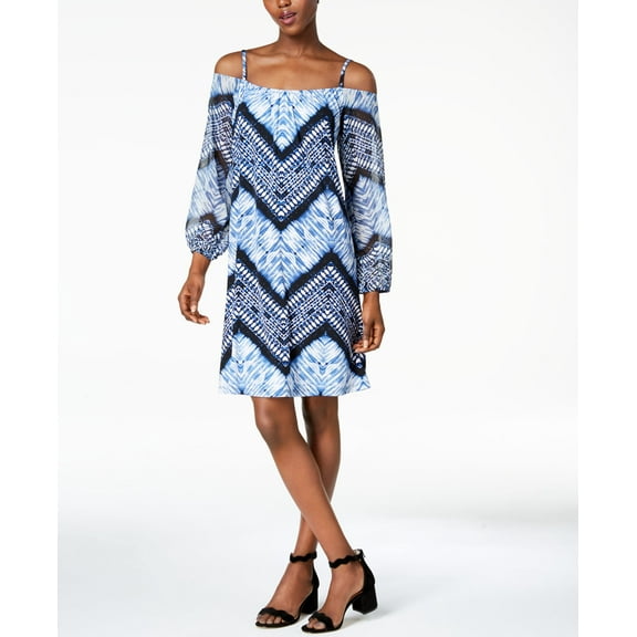 I.N.C. International Concepts Women's Petite Printed Off-The-Shoulder Dress (BlueWhite Tribal, PS)