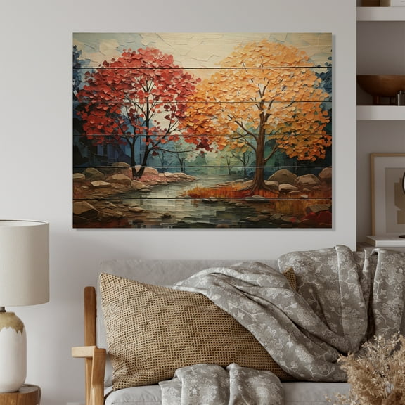 Designart "Trees Majestic Orange Maple wall art II" Floral Print on Natural Pine Wood