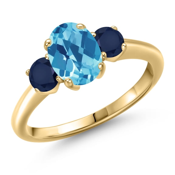 Gem Stone King 10K Yellow Gold Swiss Blue Topaz and Blue Sapphire Engagement Ring for Women | 2.00 Cttw | Oval Checkerboard 8X6MM | Gemstone November Birthstone | Size 7