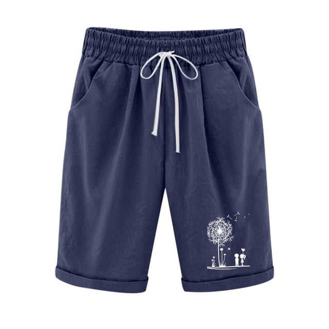 Aayomet Shorts de Week-End pour Femmes, Imprimés, Lacets, Plage, Coton, Poches, Cinq Points (Marine, TG)