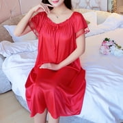 ZPAQI Womens Summer Lace Ice Silk Nightdress Short Sleeve Loose Plus Size Nightgown XL