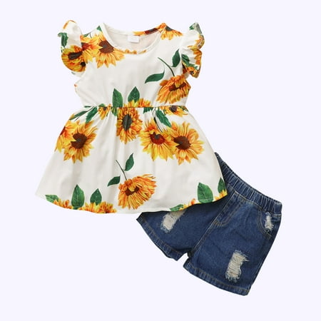 

3T Toddler Baby Girls Outfits Sleeveless Round Neck Sunflower Print Ruffle Sleeve Top +Ripped Jeans Shorts 2Pcs Clothes Set 3-4T White