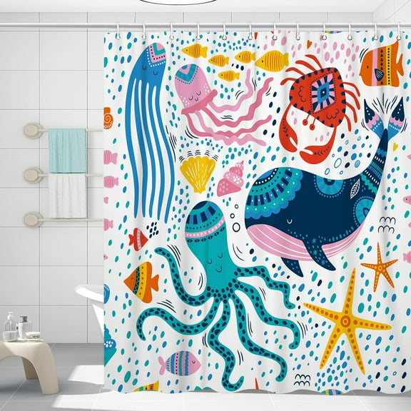 Kids Ocean Shower Curtain, Cartoon Cute Whale Octopus Starfish Crab Sealife Under The Sea Shower Curtain Set for Baby Boys Girls, Underwater Fish Animal Shower Curtains Bath Decor with Hooks