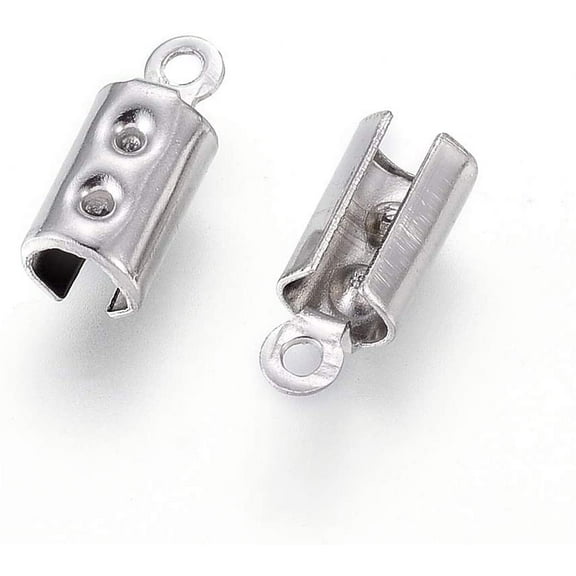 100Pcs Fold Over Cord Ends 304 Stainless Steel Column Folding Crimp Ends Leather Rope Ending Caps Jewelry Connector for Jewelry Making